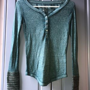 Teal Button Shirt with Knitted Sleeves
